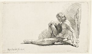 Rembrandt Harmensz. van Rijn, Männlicher Akt, am Boden sitzend, mit ausgestrecktem Bein, 1646, Kunstsammlungen der Veste Coburg